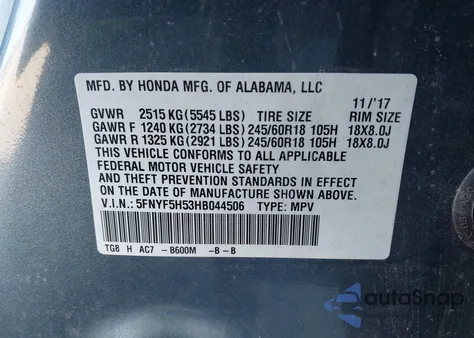 2017 Honda Pilot Ex-L z USA, uszkodzony, nr VIN 5FNYF5H53HB044506